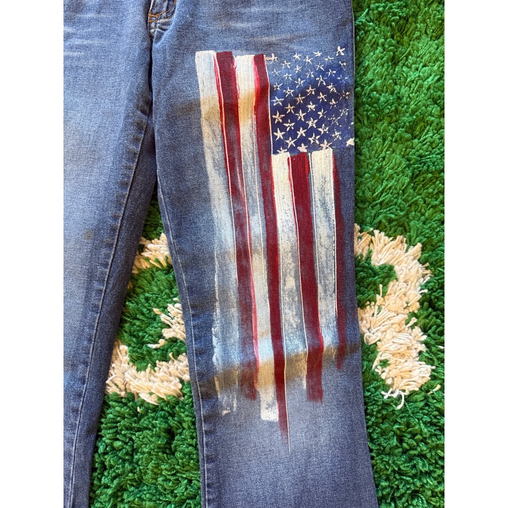 Heart Moon Star American Flag Painted Flare Jeans Low Rise Split Hem Blue Denim - Picture 6 of 9